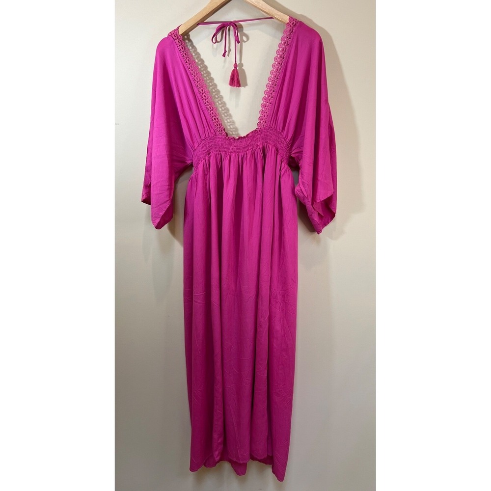 Cien Maxi Dress Large Hot Pink Crochet Trim V-Neck Coastal Cowgirl Boho
